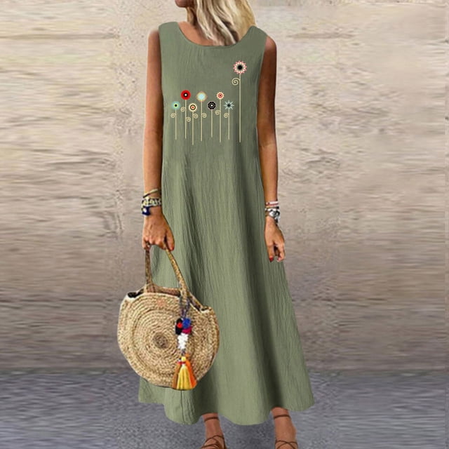 Mefallenssiah Mode Femmes Robes Été Décontracté Col Rond Poche Sans Manches Plage Longue Robe