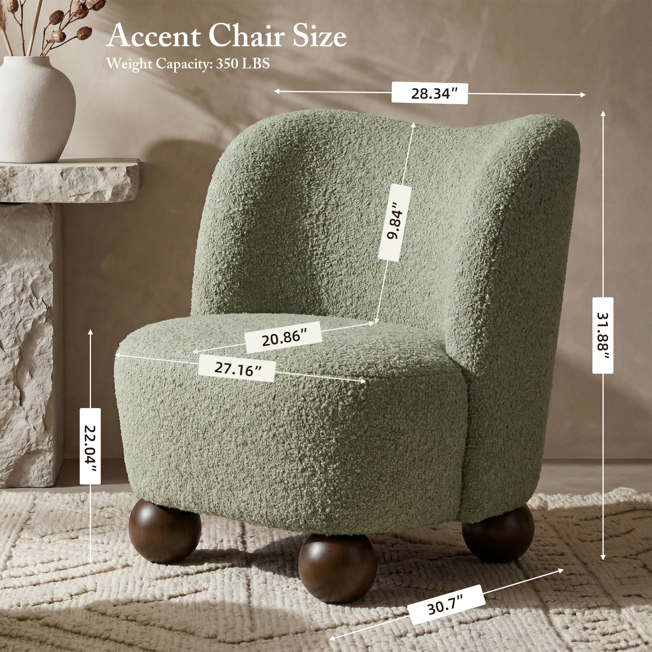 Aenkyo Contemporary Boucle Armless Accent Chair with Sculptural Wood Ball Feet, Green
