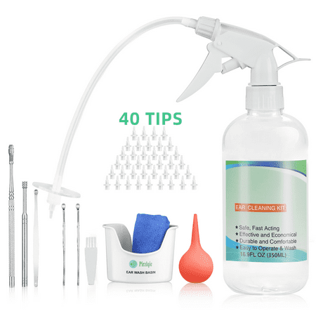 Pirzlqie Ear Wax Removal Tool, Ear Cleaning Kits Safe Ear Irrigation Kit for Adults Kid, Ear Wax Washer Device Easy to Operate, Includes Basin, Syringe, Curette Kit, Towel and 40 Disposable Tips