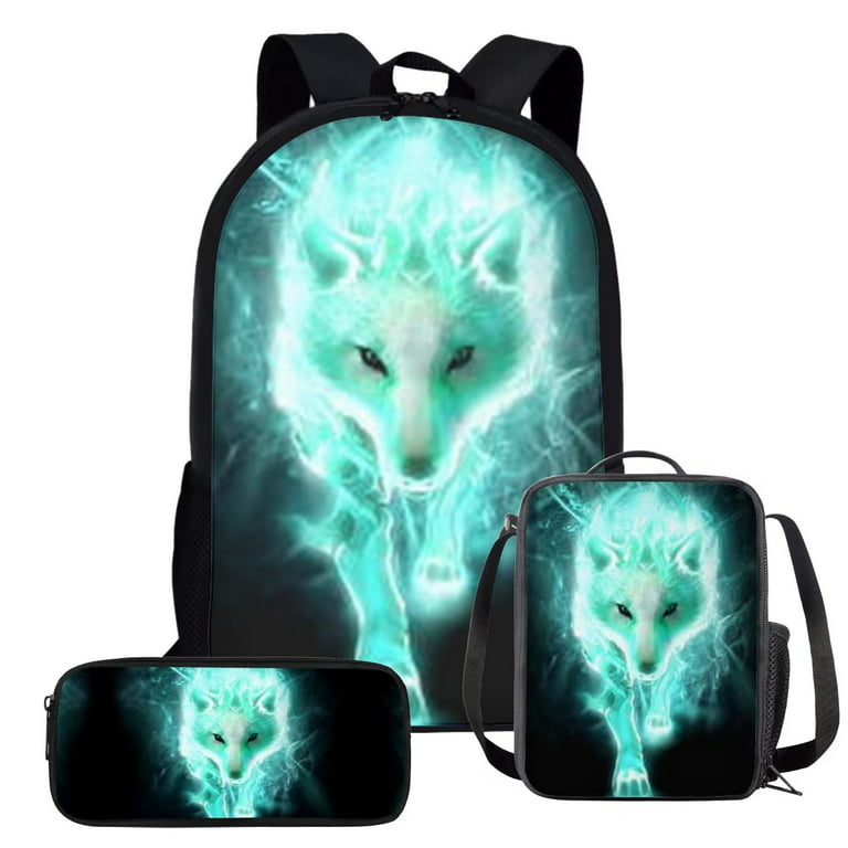 Binienty Lightweight Cool Cyan Wolf Backpacks Set 3 Pcs Kids