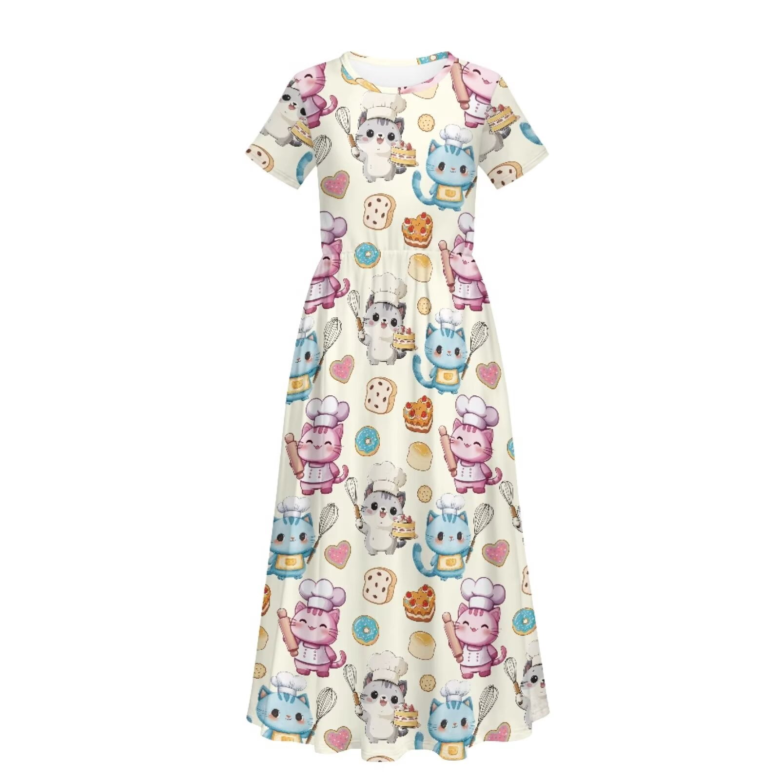 Uourmeti Girl's Short Sleeve Cartoon Cat Cook Print Crew Neck Loose Casual Long Maxi Dress with Pockets Toddler Girls Sundress Clothes, Size 13-14 Years