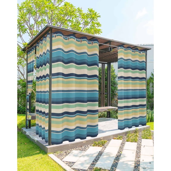 Blue Green Yellow Striped Outdoor Curtains for Patio, Farmhouse Vintage Stripe Privacy Drapes Grommet Waterproof Outside Curtains for Porch/Cabana/Balcony 54"x 95", 2 Panel