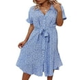 thumbnail image 3 of Robe Midi Boutonnée pour Femmes Manches Courtes Robe Chemise Imprimé Floral Nœud devant Bohème une-Pièce Bleu Ciel L, 3 of 6
