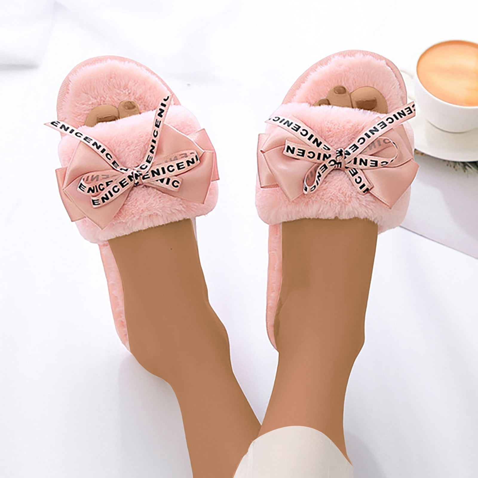 CBGELRT Fuzzy Slippers for Women Indoor and Outdoor Ribbon Bow House  Slipper Open Toe Warm Velvet Slides Flat Shoes Pink Size 41 - Walmart.com
