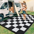 thumbnail image 4 of Memoryfield Waterproof 9' x 12' Outdoor Rug, Reversible Plastic Straw Rugs, Foldable Modern Geometric Plaid Outside Camping Carpet for Picnic, Backyard, Deck, Black & White, 4 of 8