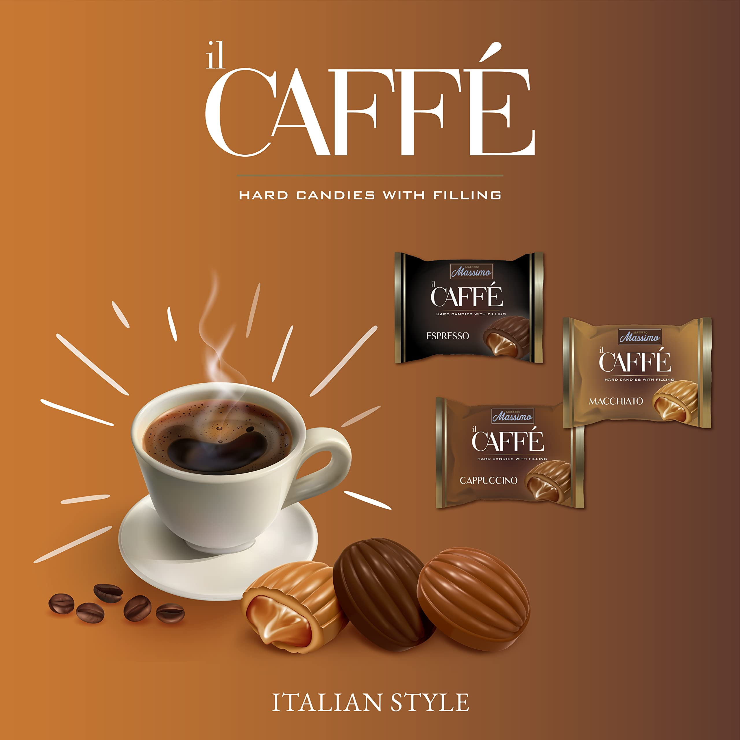 Maestro Massimo Hard Coffee Candy with Filling - Macchiato, Espresso, Cappuccino - Individually Wrapped - A Delightful Gift for Coffee Lovers (Pack of 1)