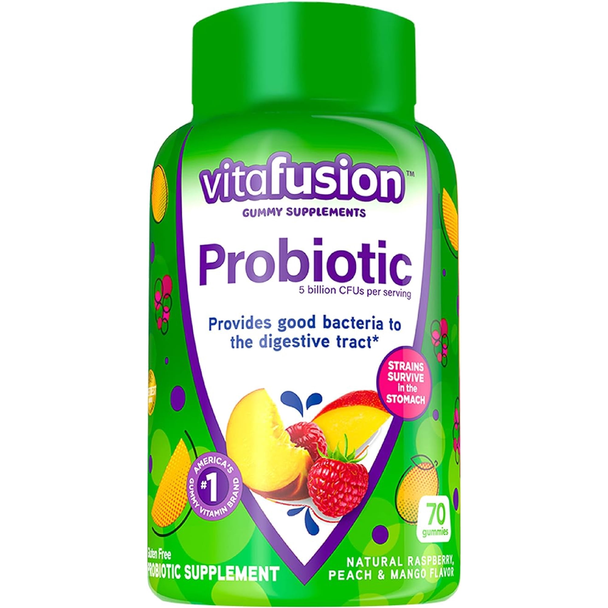 Vitafusion Probiotic Gummy Supplements, Raspberry, Peach and Mango Flavors, Probiotic Nutritional Supplements with 5 Billion CFUs, America’s Number 1 Gummy Vitamin Brand, 35 Day Supply, 70 Count