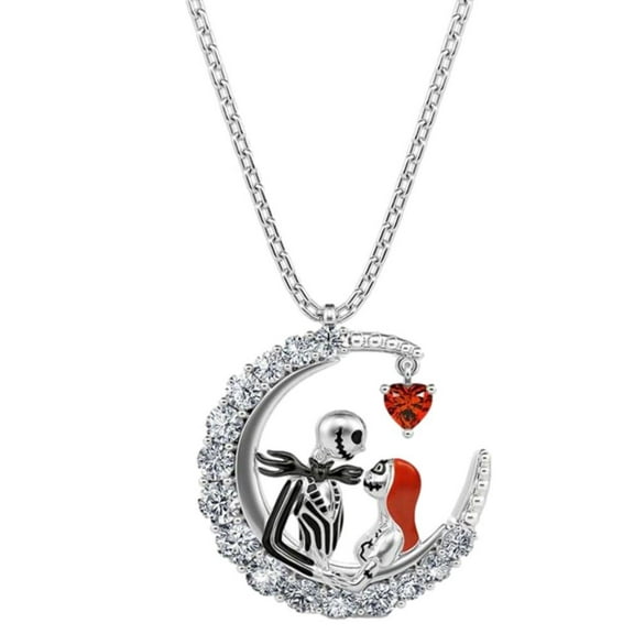 Nightmare Before Christmas Jack And Sally Hanging Heart Metal Pendant Necklace