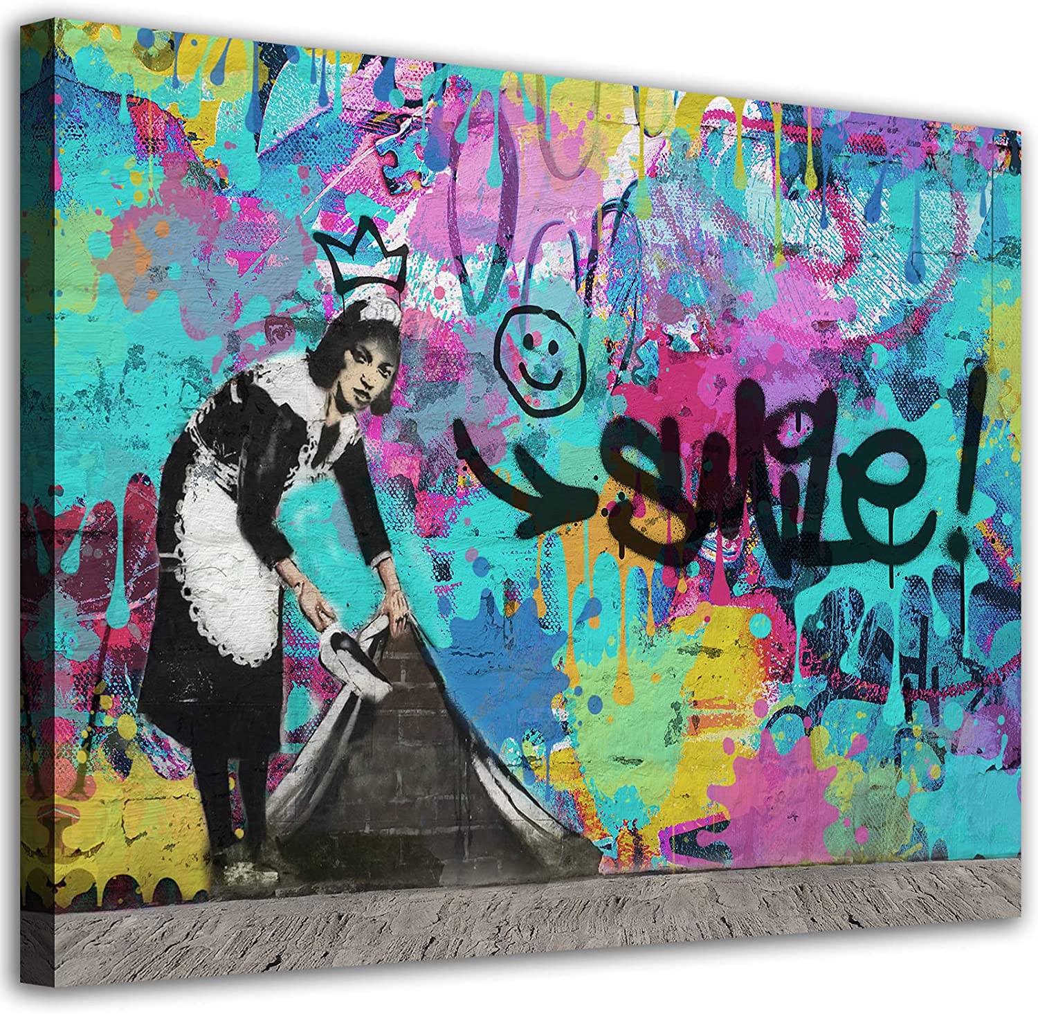 Banksy Canvas Wall Art Maid Sweeping Under the Carpet Art Print Graffiti  Street Pop Culture Canvas Pictures Colorful Graffiti Smile Face Canvas  Artwork Living Room Bedroom Bathroom Wall Decor 12x16in