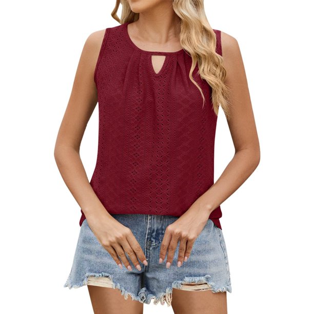 Camiseta sin mangas de color liso con cuello redondo y pliegues de encaje para mujer - Detalles femeninos, lavable a máquina, tallas S-XXL, contorno de pecho 93-119 cm