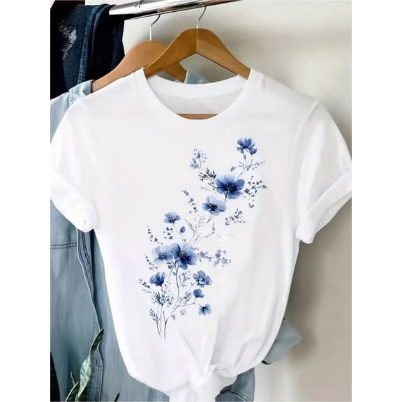 Women Blue Floral Graphic T-Shirt, Cute Flower Casual Crew Neck Short Sleeve Tee, Soft Lightweight Top for Spring Summer