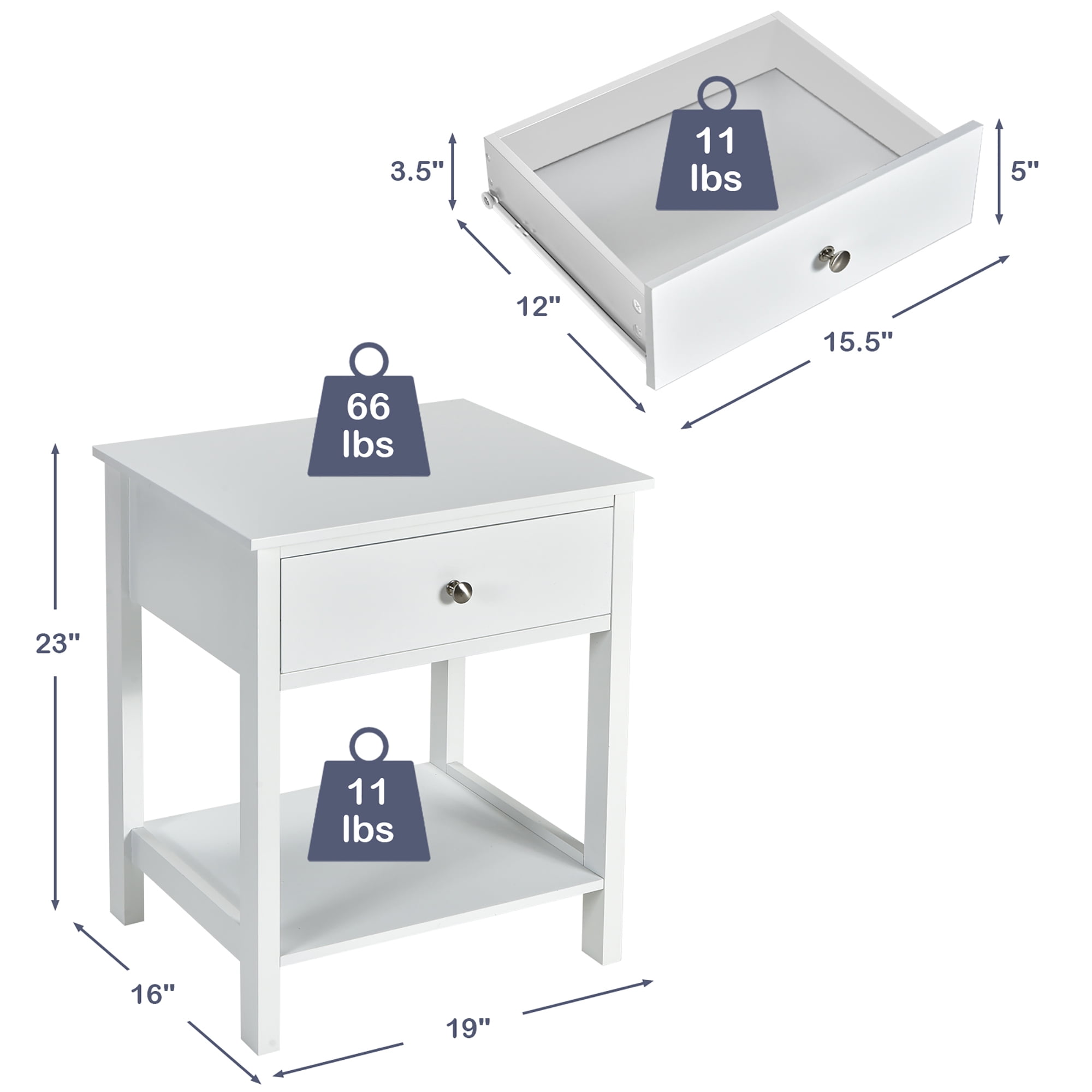 Costway Nightstand with Drawer Storage Shelf Wooden Bedside Sofa Side Table White
