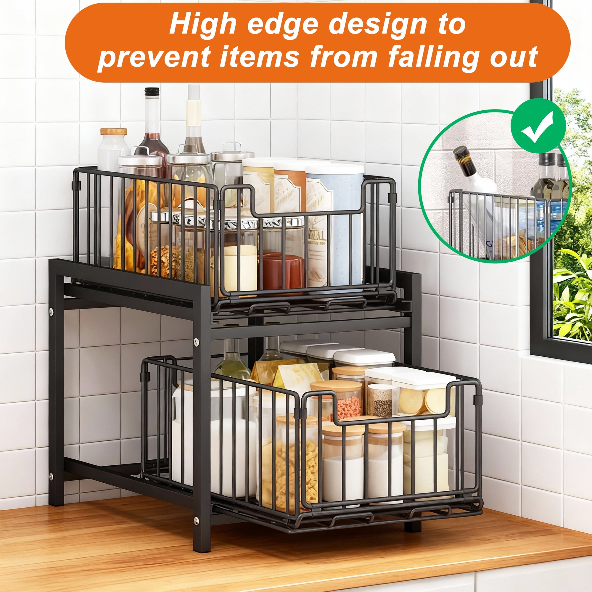 2 Tier Under Sink Organizer Rack, Pull Out Cabinet Organizer, Slide Out Sink Shelf for Kitchen & Bathroom, Black