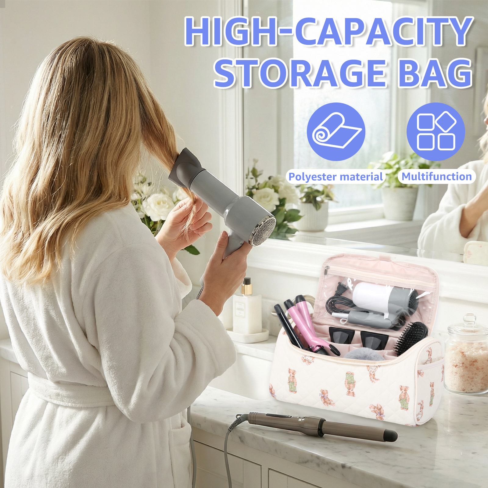 NUAHRHY Makeup Bag with Handle, Vertical Cosmetic Toiletry Bag, Cute Travel Essentials Case with Compartments, Hair Tool Dryer Organizer Bag with Hook