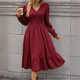thumbnail image 3 of Plus Size Formal Dresses Women Fashion Leisure Solid Color Dresses Long Sleeve V-Neck Flowy Autumn Winter Dresses High Elastic Waist Dresses Size S-2XL, 3 of 4