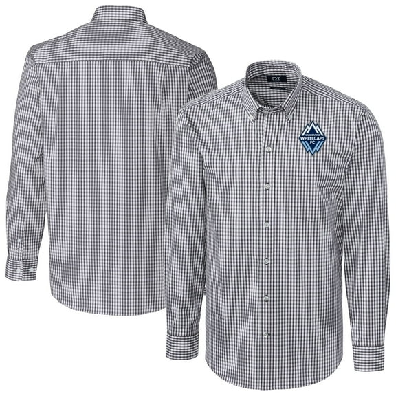 Men's-Cutter & Buck Charcoal Vancouver Whitecaps FC Easy Care Stretch Gingham Long Sleeve Button-Down Shirt