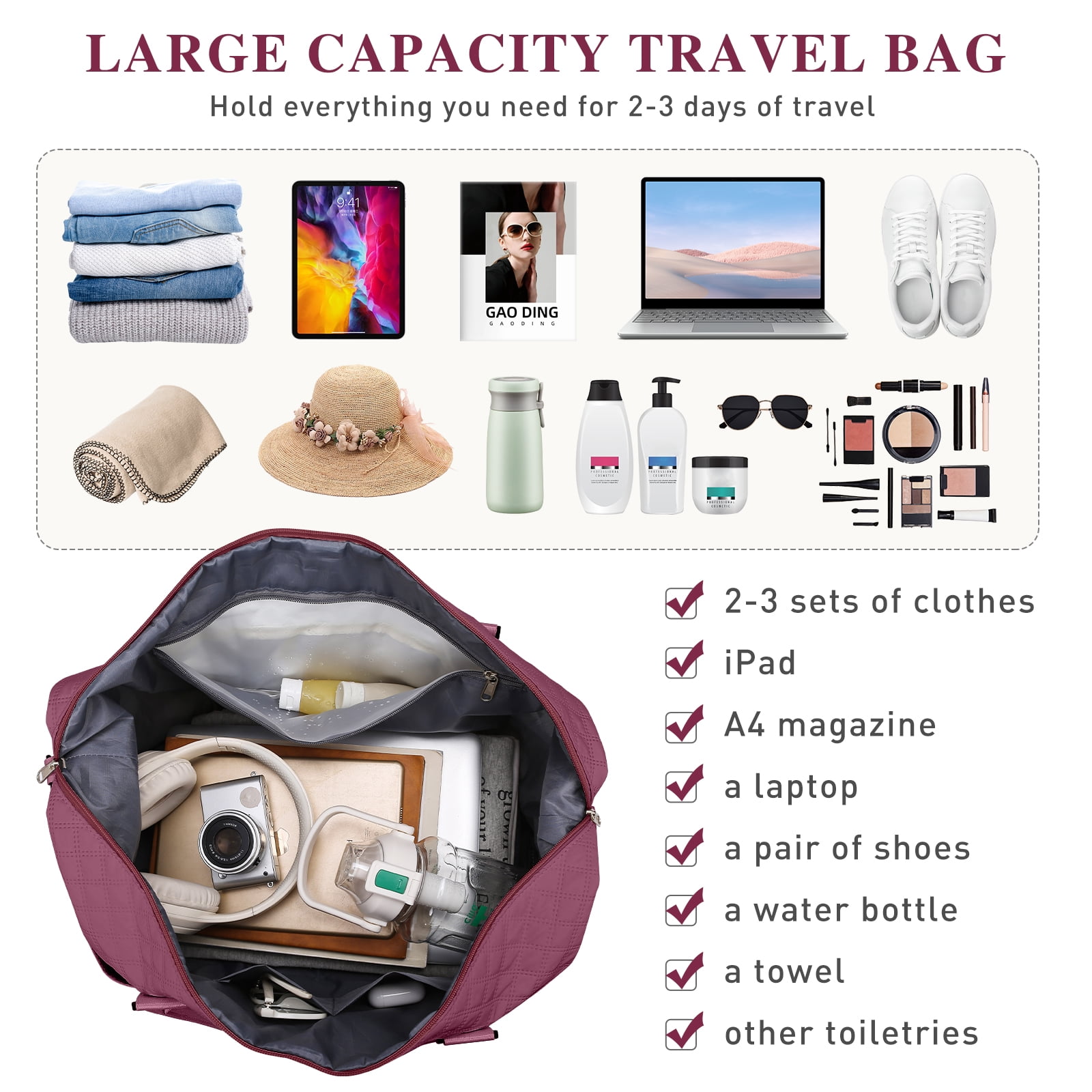 Gynky Travel Duffle Bag Weekender Bags for Women with Shoe Compartment Carry on Overnight Bag Gym Duffel Bag with Wet Pocket Hospital Bags for Labor and Delivery