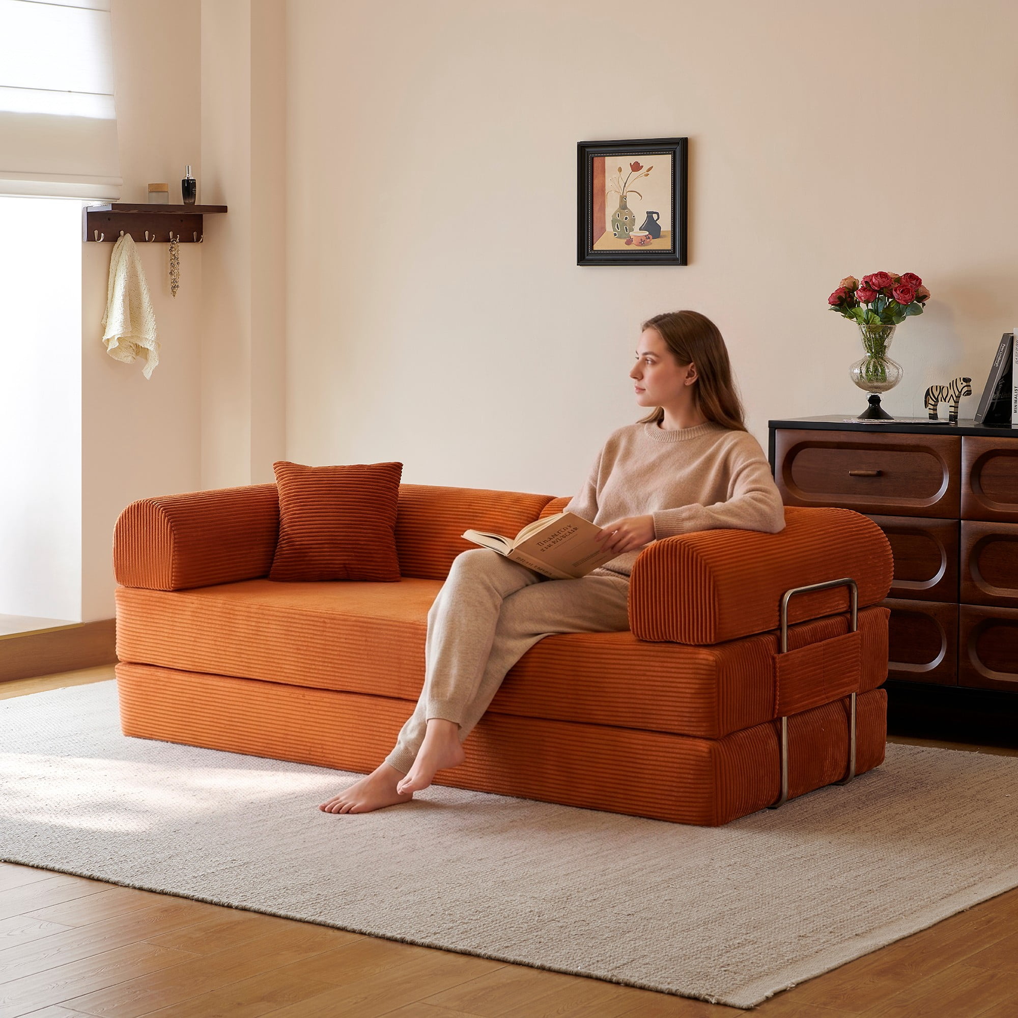 DEALTOPS 79" Convertible Corduroy Floor Sofa Bed, Modular Sleeper Couch with Memory Foam, Orange