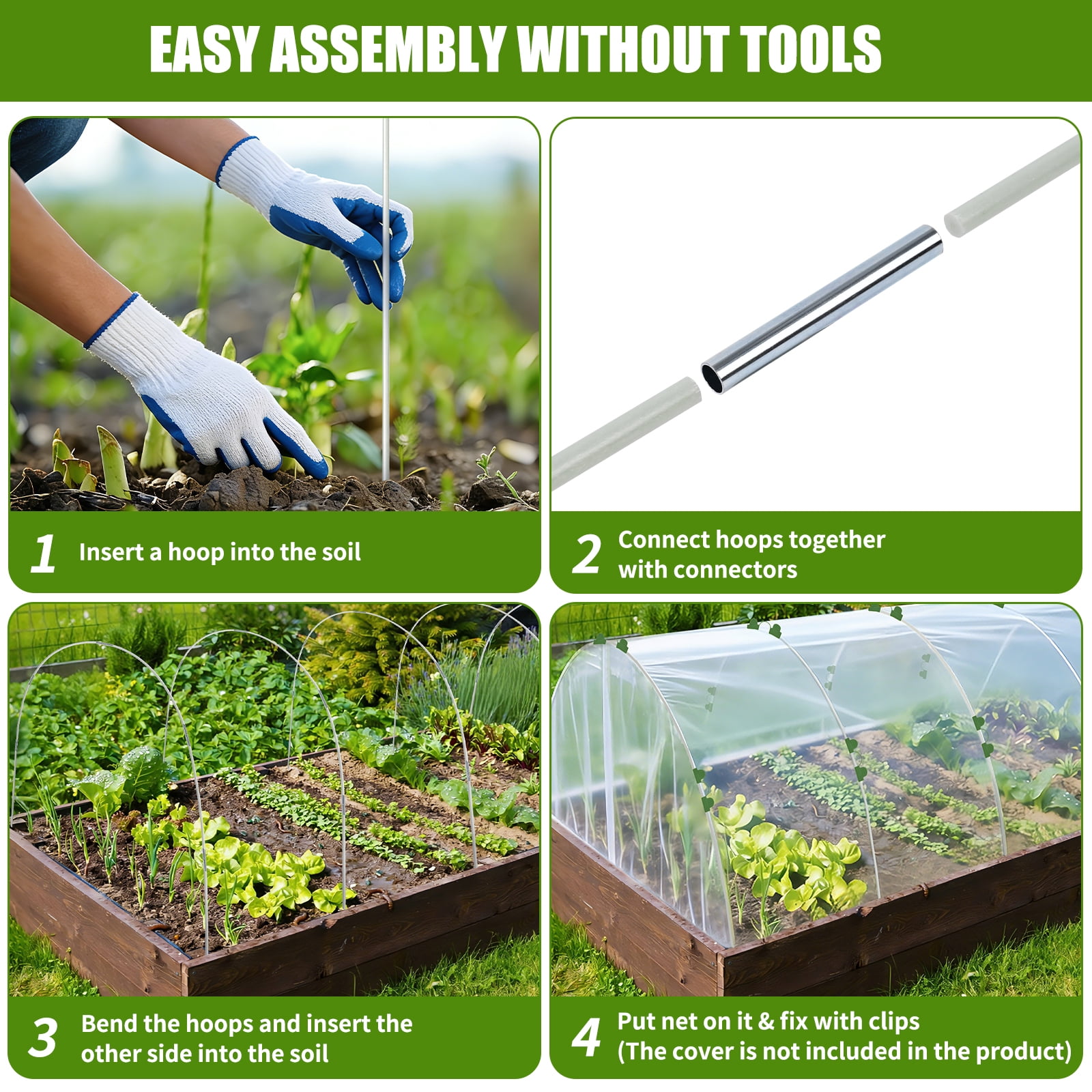 Ktinnead 60 pcs Garden Hoops for Raised Beds, Greenhouse Hoops Kit Grow Tunnel, Rust-Free Fiberglass Garden Support Poles for Insect Mesh Netting Freeze Plant Cover