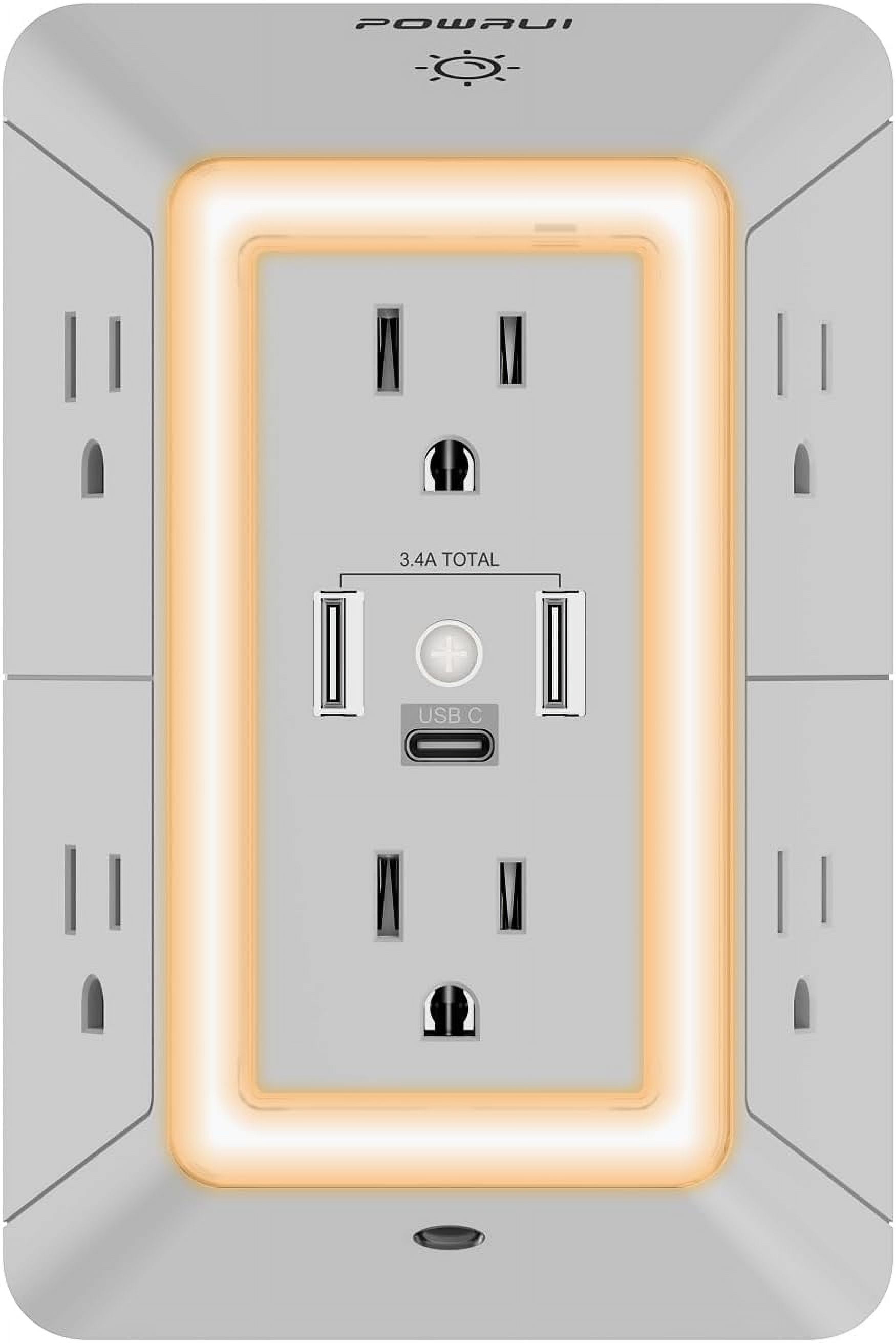 RGHJAR-Power Strip Surge Protector - 6 AC Outlets with 3 USB Ports (1 USB C), Night Light, 3-Sided Multi Plug Wall Extender with Spaced Outlets - Grey, ETL Listed