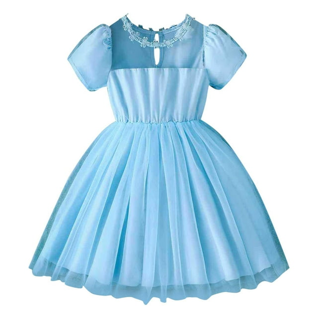 Bwiyojiz Tailles de Mode 110-140 Robe d'Été Fille Imprimé Floral Petites Manches Volantes Col Rond Robe Courte Jupe Princesse, Bleu