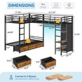 thumbnail image 3 of Triple Bunk Bed with 9 Storage Drawers and LED Lights, Twin Over Twin Size Metal Bunk Beds with Open Shelves, Pegboard, Bedside Caddy, L-shaped Triple Bunk Bed for 3 Teens, Black, 3 of 8