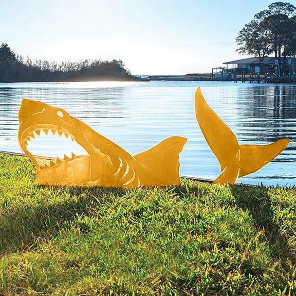 Metal Yard Art Outdoor and Garden Shark Decorative Garden Stake Rustic Golden Metal Garden Decor for Lawn Patio Front Yard Outdoor Yard Decor 1 Pack