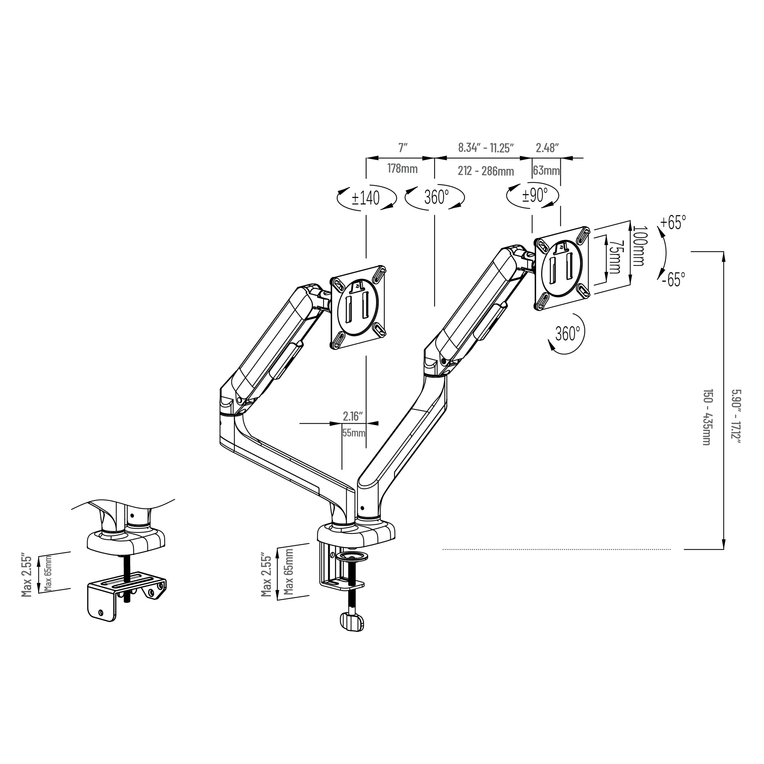 Mind Reader Dual Monitor Gas Spring Desk Mount, Counter-Balance Arm for 13"–32" Monitors, VESA 75x75 / 100x100, ±180° Rotation, ±65° Tilt, ±180° Swivel, 19.8 lb Capacity Each, Black