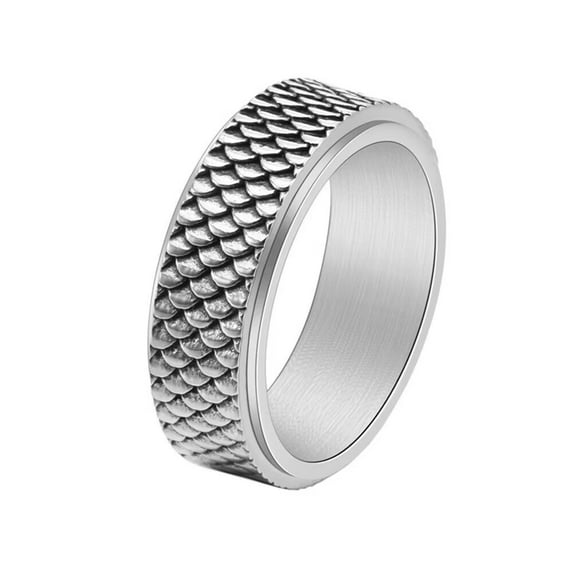 PAMTIER Men's Stainless Steel 8MM Vintage Punk Cool Dragon Pattern Scales Flake Rotatable Fidget Ring Relieve Anxiety Band Hip Hop Silver Size 6