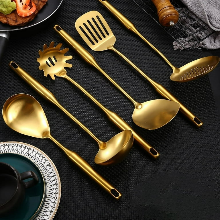 Gold Metal Soup Ladle Colander Set Kitchen Cookware Long Handle