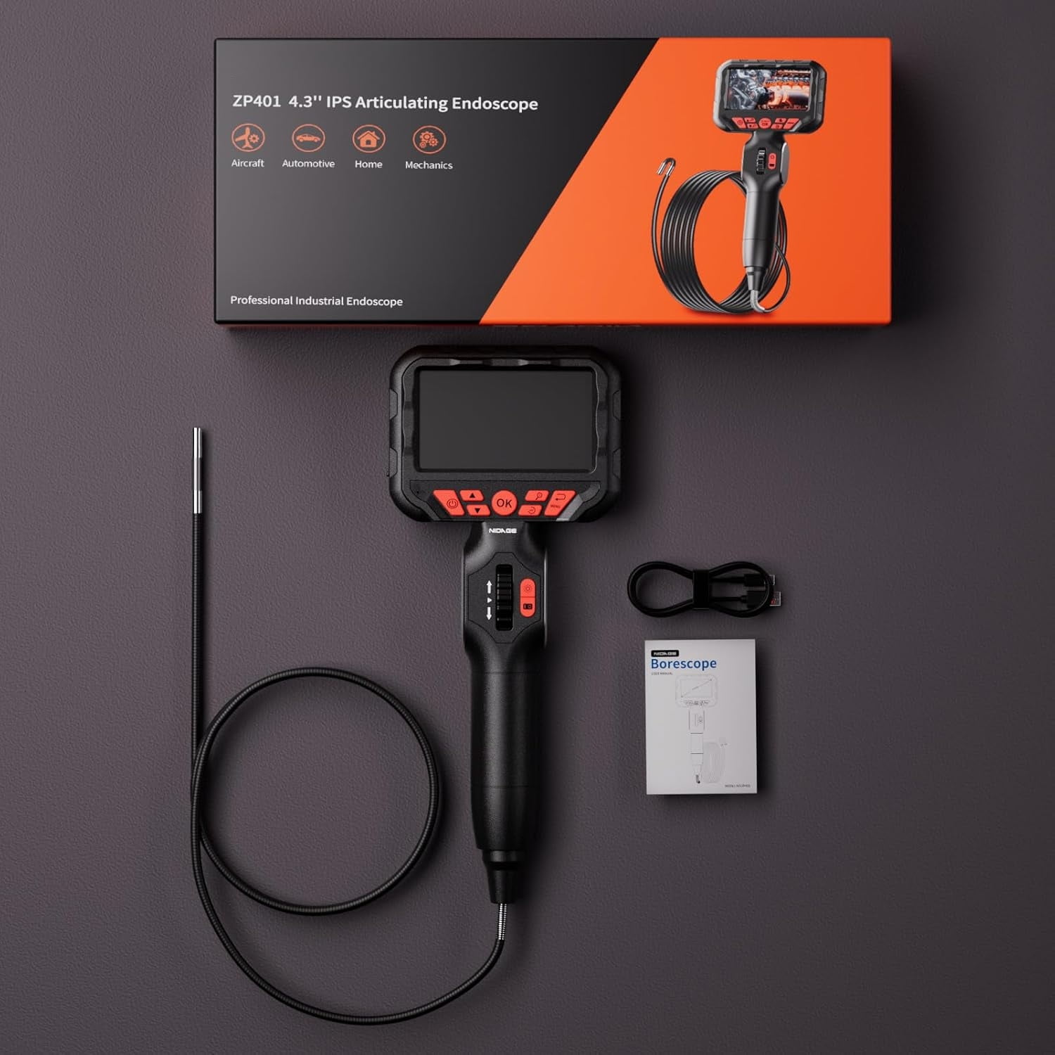 2-Way Articulating Borescope Camera with Light, Industrial Endoscope with 0.24in Articulated Snake Inspection Camera, Flexible Fiber Optic Scope Cam for Automotive Aircraft Mechanics, 5.2FT