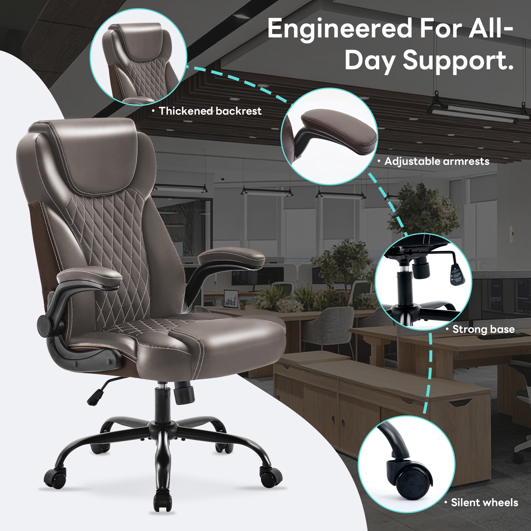 TMV Office Chair, Ergonomic Big and Tall Computer Desk Chairs, Executive PU Leather Chair with Adjustable Flip-up Armrests, Lumbar Support Swivel PC Chair with Rocking Function，Brown