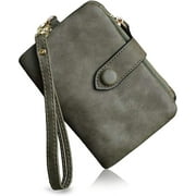 Womens Small Bifold Leather Wallets Rfid Ladies Wristlet with Card slots id window Zipper Coin Purse(Dark Green)
