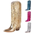 thumbnail image 5 of Povozer Cow Boots for Women Cowboy Boots Print Half Boots Pull on Mid Heel Cowgirl Boots(Gold,8.5), 5 of 6