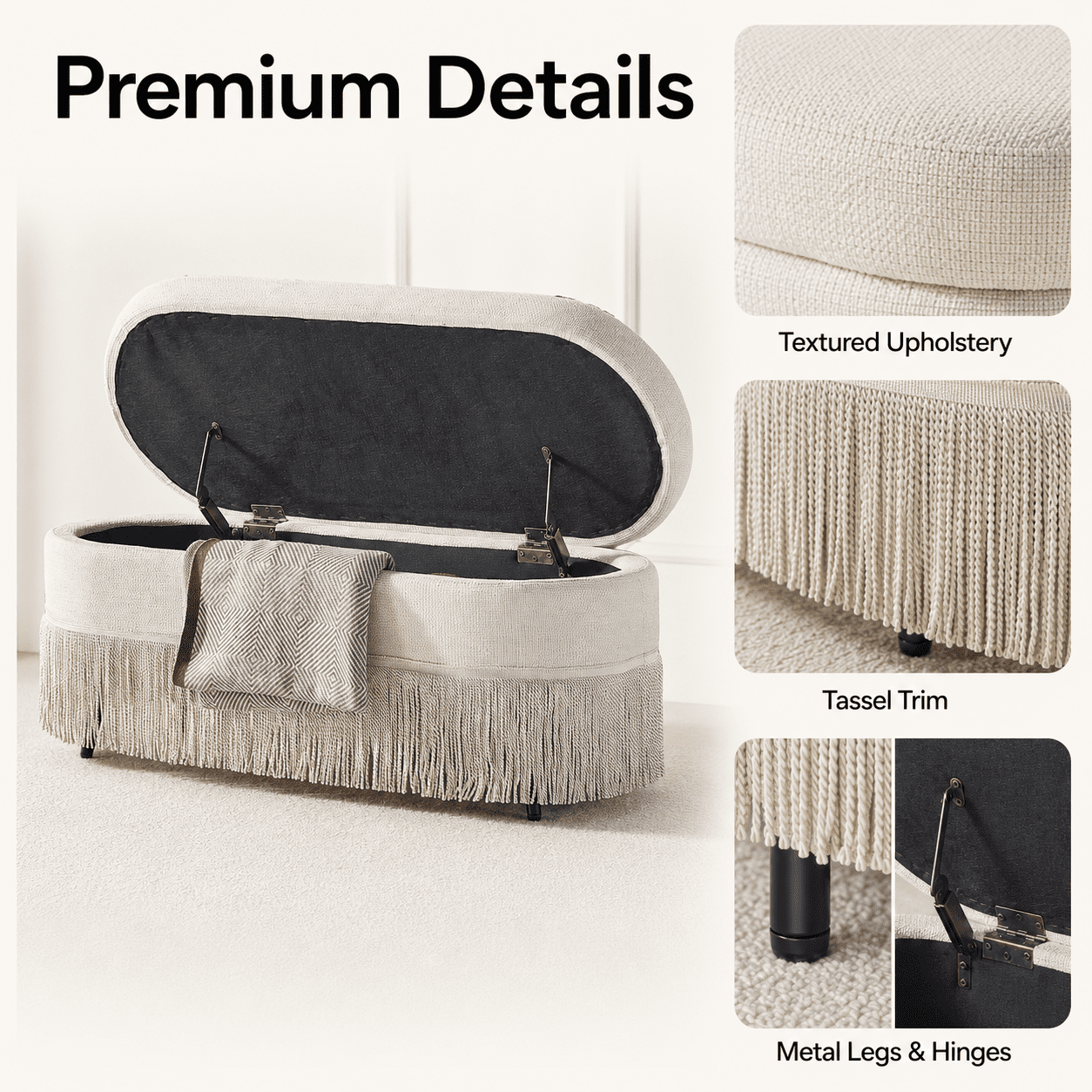 Aukfa Oval Storage Ottoman Bench with Tassel Trim, Upholstered End of Bed Bench with Hidden Storage, Metal Legs,Beige