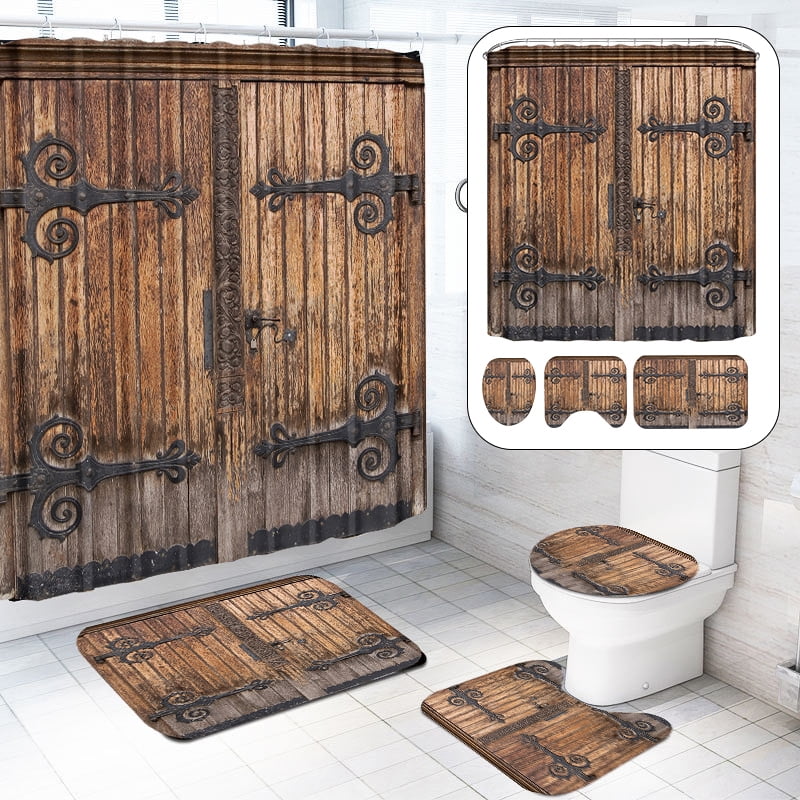 4 Piece Rustic Shower Curtain And Rug, Rustic Bathroom Shower Curtain Sets