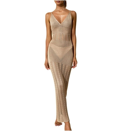 BUIgtTklOP Summer Dress for Women Clearance 2024 Women s Summer Beach Skirt Women s Solid Color Sexy Knitted Hollow Out Bikini Swimsuit Cover Up Sun Protection Clothing Sling V-neck Dress