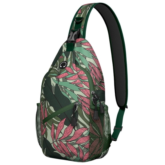 Palm Inspired Sling Backpack with Hawaiian Floral Print, Lightweight Travel Crossbody Bag for Beach Vacation, Jungle Leaves, Colorful Exotic Botanical Design