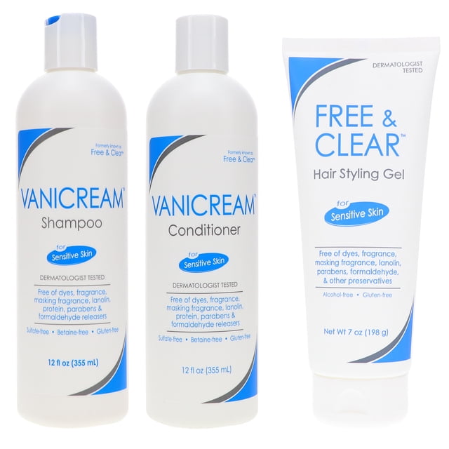 Vanicream / Free & Borde Shampoo 12 Oz, acondicionador 12 Oz y Styling Gel 7 Oz Combo Pack Free & Clear Vanicream / Free & Borde Shampoo 12 Oz, acondicionador 12 Oz y Styling