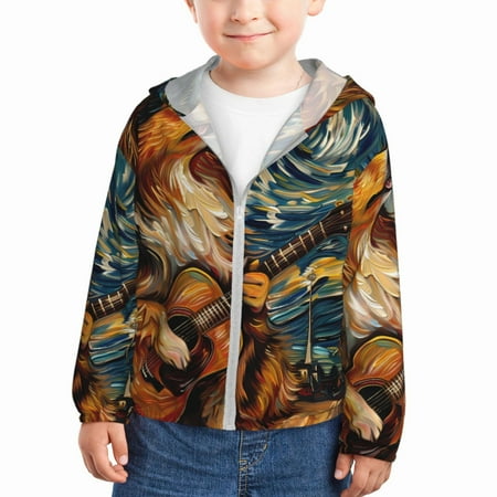 

Junzan Starry Night Guitar Dog for Kids Sun Protection Hoodie Boys Rash Guard with UPF 50+ Sun Protection Summer Jacket Long Sleeve Fishing Hiking Sun Shirt-3 Years