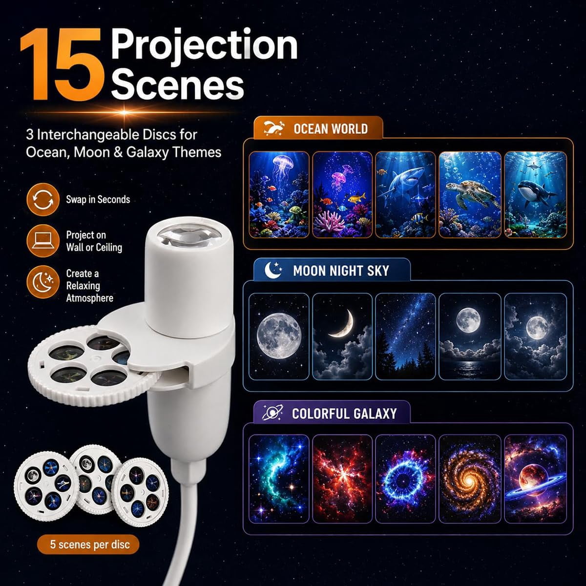 Ocean & Galaxy Projector, Nebula & Ocean Wave Effects, 15 Lighting Modes, Adjustable Night Light for Bedroom, Gaming Room & Home Decor