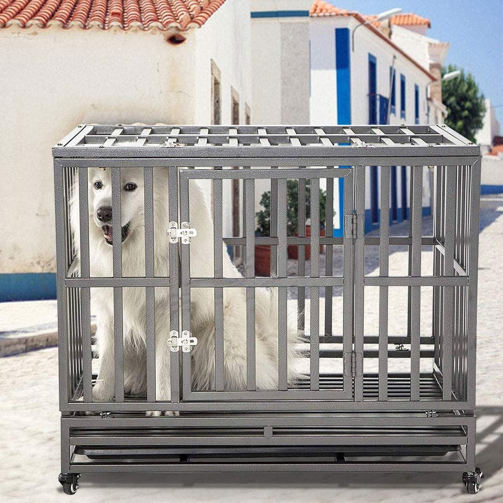 SMONTER Heavy Duty Dog Crate I Shape Strong Metal Kennel for Large Dogs