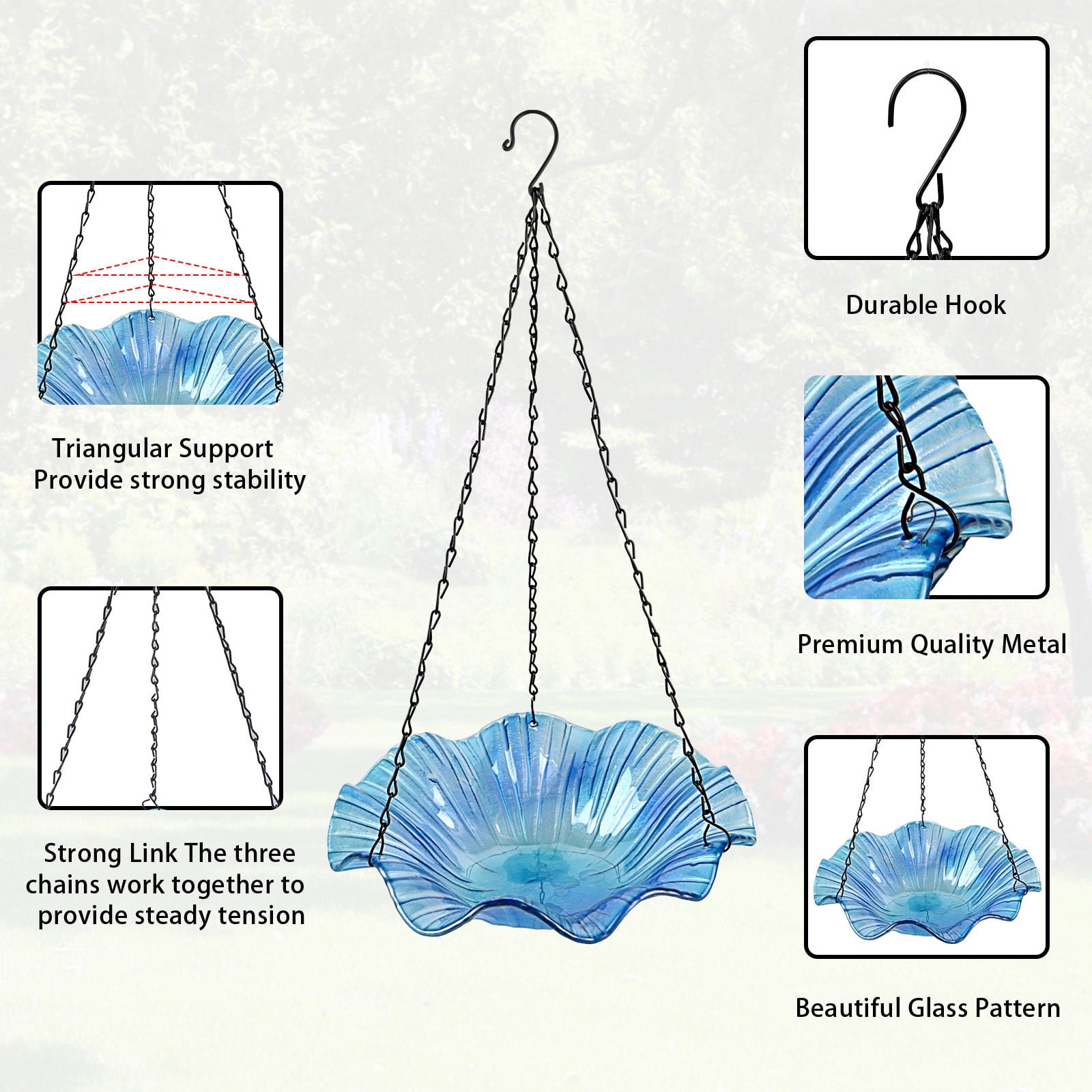 Tkrady Hanging Bird Bath Tray Thermal Fused Glass Bird Bath Dazzle Glass Bird Feeder Outdoor Patio Glass Bird Feeder Garden Decoration