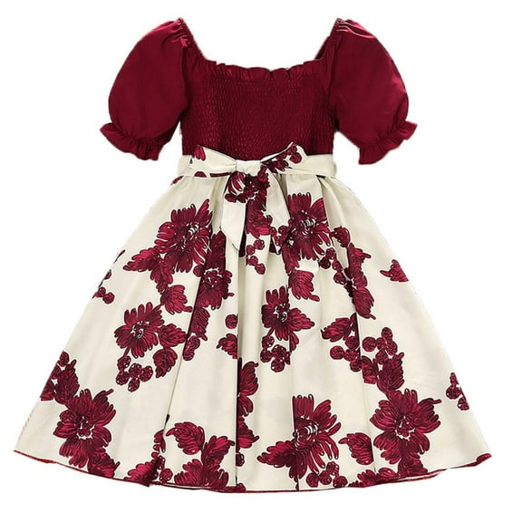 Girls Special Occasion Dresses,Short Sleeves Printed Bowknot Princess Dresses，Birthday Party Dress for 4-7 Years Toddler Red