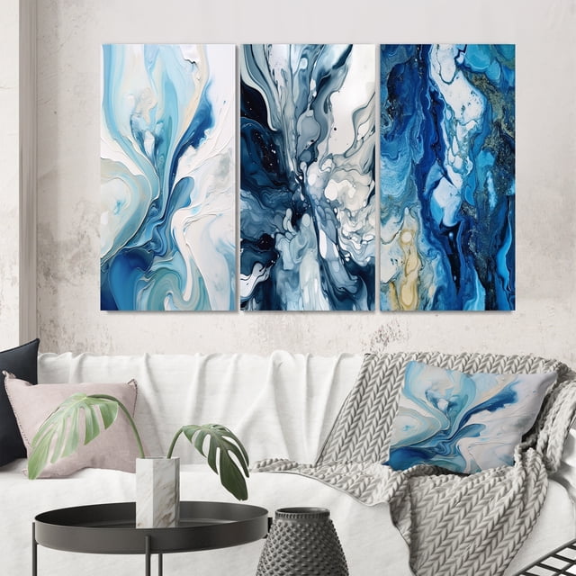 Designart "Ethereal Elixir Blue Grey Tranquility IX" Abstract Wall Art Set Of 3 - Blue Abstract Gallery Set For Office Decor