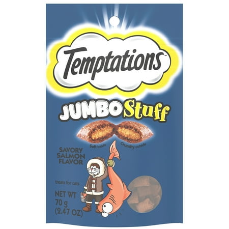 UPC: 0023100121192 | TEMPTATIONS Jumbo Stuff Crunchy and Soft Cat Treats Savory Salmon Flavor 2.5 oz. Pouch