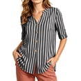 thumbnail image 3 of VBVC Women's Striped V-Neck Button Down Shirt , Ladies' Roll Up Sleeve Casual Blouse , Business Casual Work Tunic Top For Women,Black,S-2XL, 3 of 10