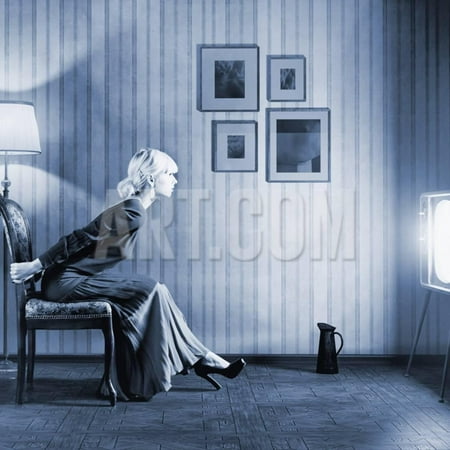 Young Woman Sitting on a Chair in Vintage Interior and Watching Retro TV Print Wall Art By