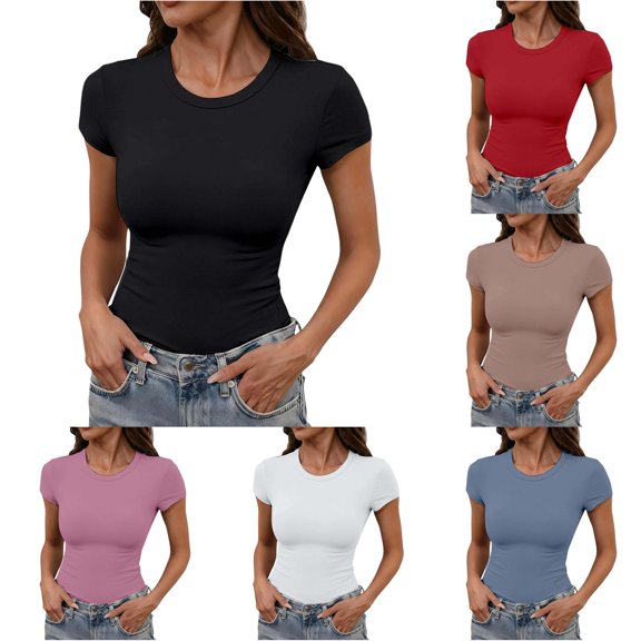 XAOFW Fashion Casual Slim Fit Short Sleeve Crew Neck T Shirt For Women Basic Stretchy Daily Wear Tees For Ladies Trendy Tops L
