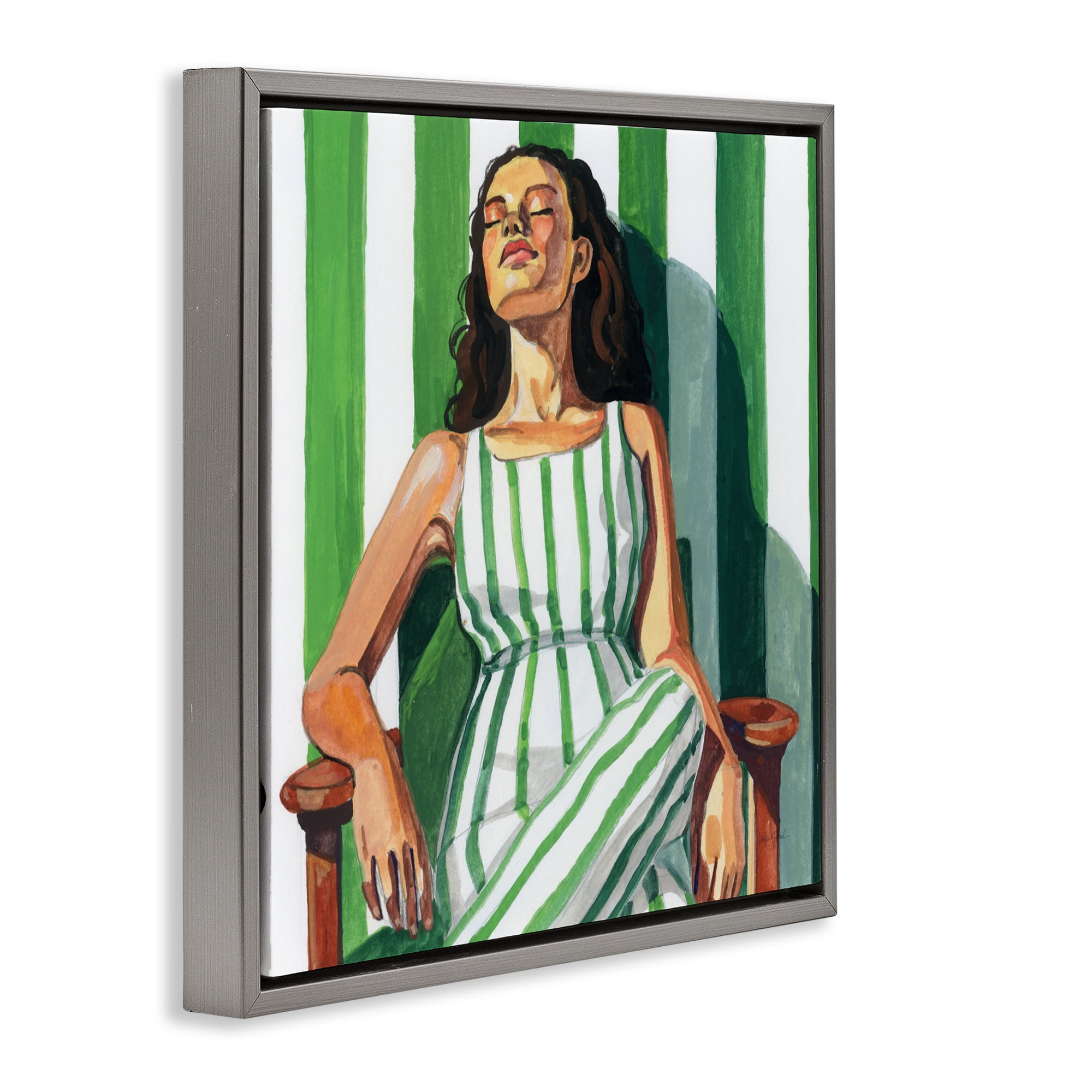 Stupell Industries Relaxing In A Striped Dress Gray Framed Floater Canvas Wall Art, design by Kate Jarvik Birch